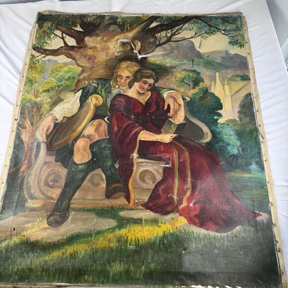 Antique Painting Damaged 36”x30” Portrait Of Courting Couple w Harp - Castle - Picture 2 of 9